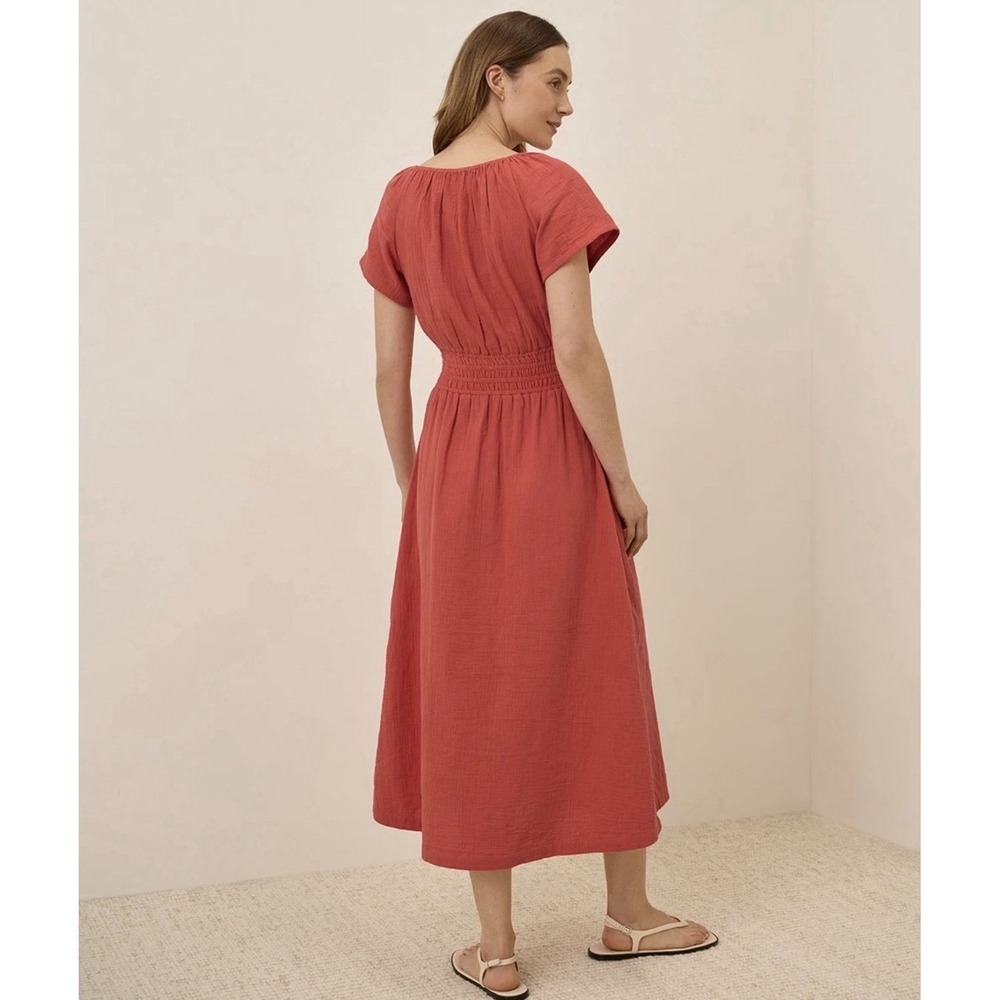 Pact Coastal Double Gauze Boho Coral Midi Dress Sz XL Organic Cotton Beachy - Picture 3 of 16